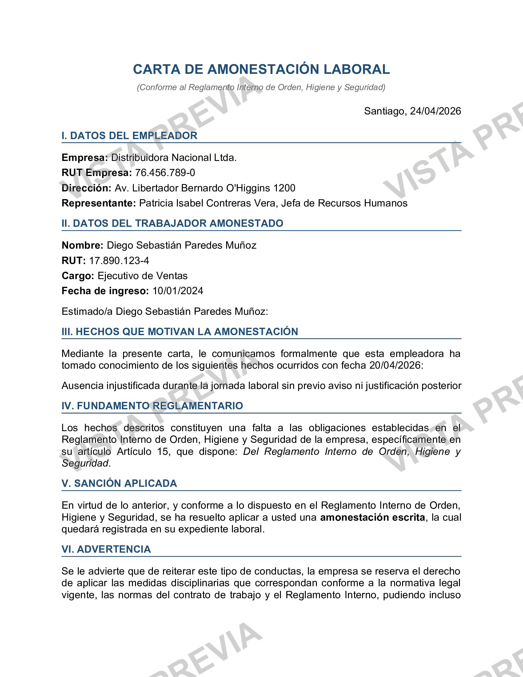 Carta de Amonestación Laboral