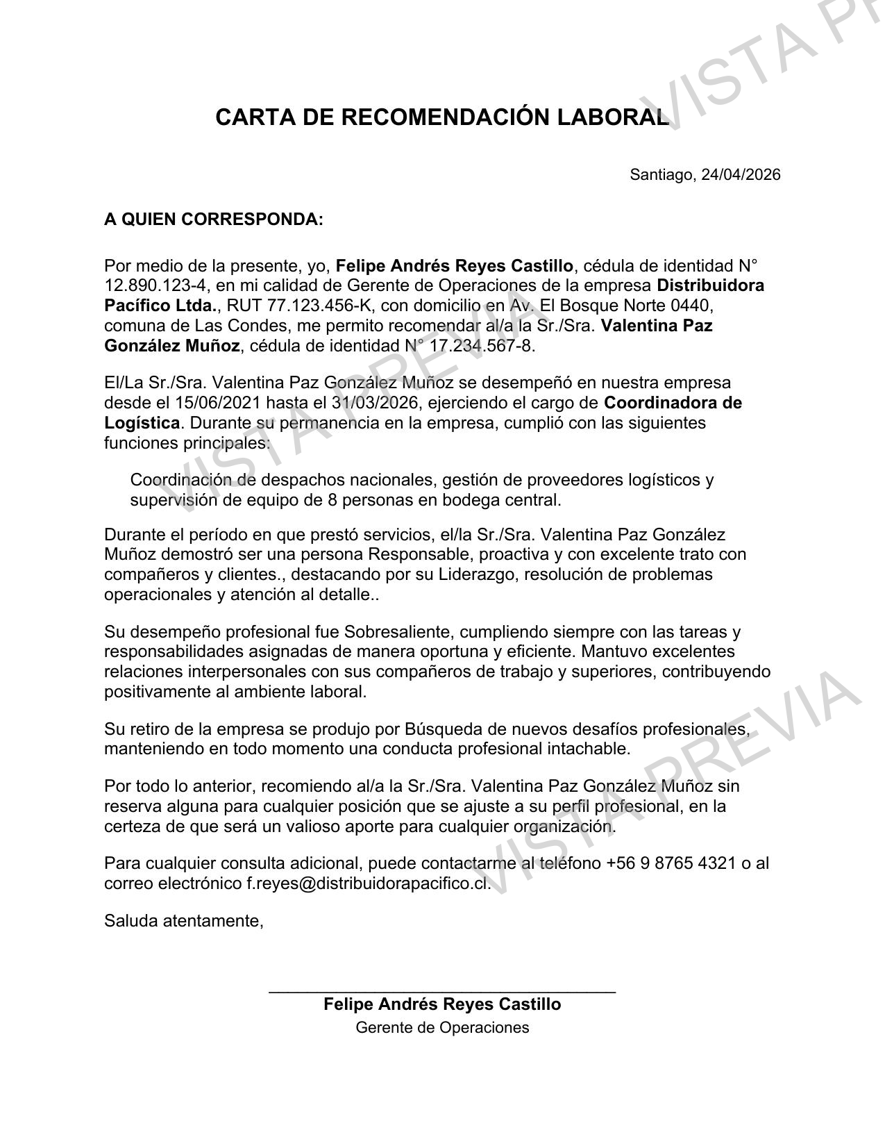 Carta de Recomendación Laboral